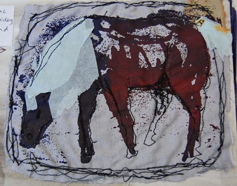 Student horse print on fabric with paper and thread