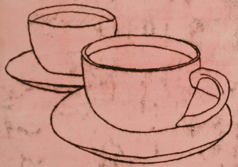 Drawing of two cups and saucers against a red background