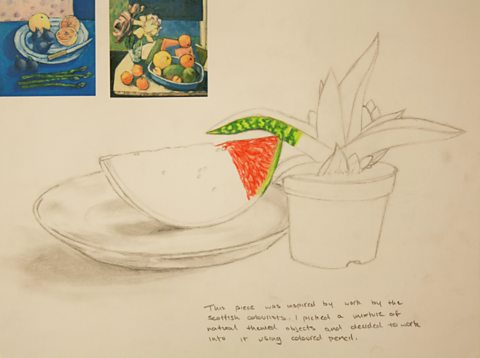 Student still life showing inspiration from Scottish colourist images