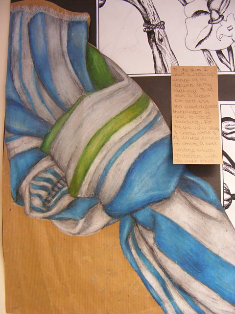 Pastel drawing of knotted striped material with annotation added on a sticky note