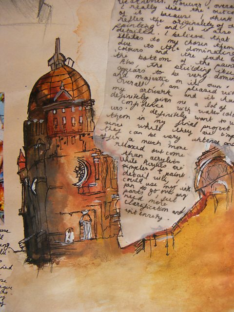 Ink drawing of building with watercolour wash and written annotation