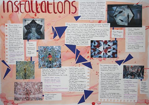 Pictures and student's notes describing various types of art installation