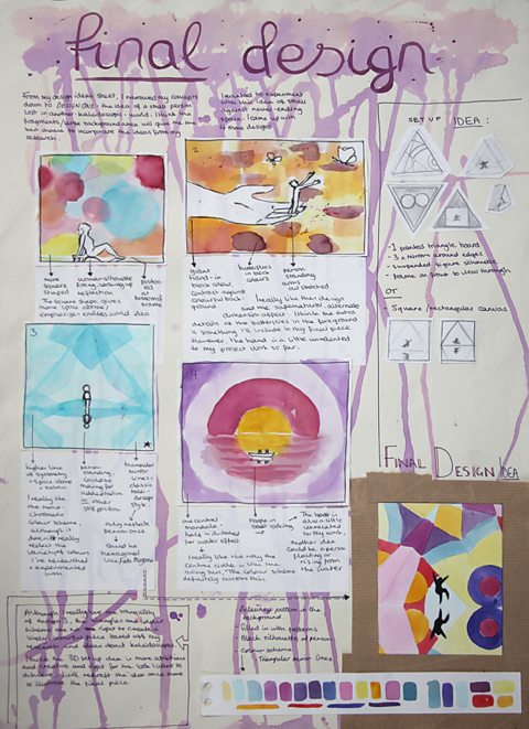 Student presentation sheet showing final design of an installation based on kaleidoscopes