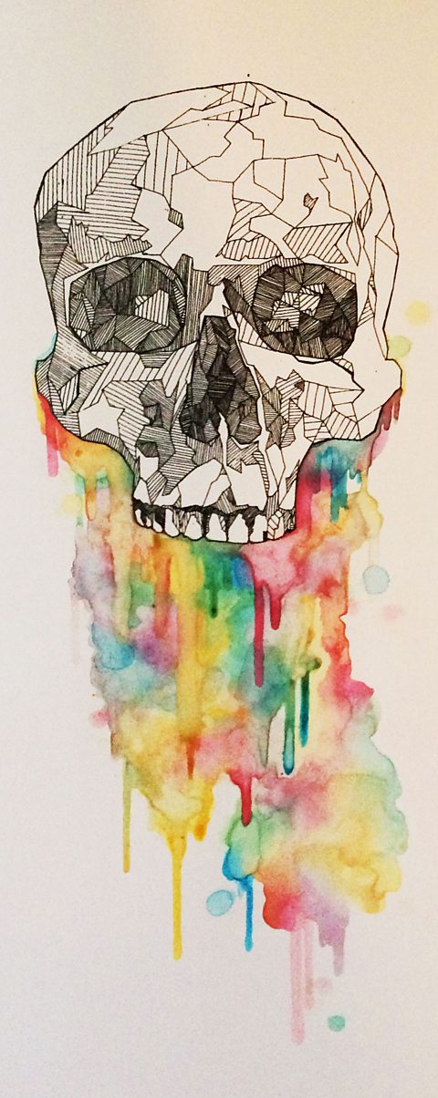 Black and white silkscreen print of skull with dripping coloured in effect background