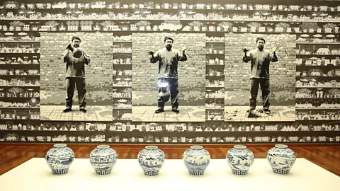 Ai Weiwei Studio A triptych in Lego reproduces a set of photographs that document an infamous 1995 performance when he dropped a 2,000-year-old Han dynasty urn (Credit: Ai Weiwei Studio)