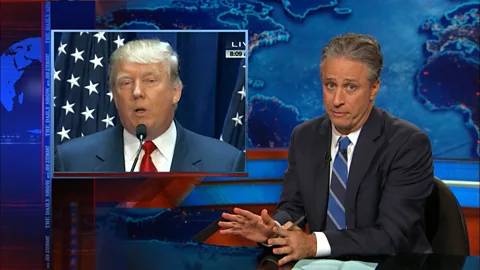 Comedy Central Jon Stewart’s reaction to Trump announcing his candidacy was one of mock joy – because it would invariably be rife with comic possibility (Credit: Comedy Central)