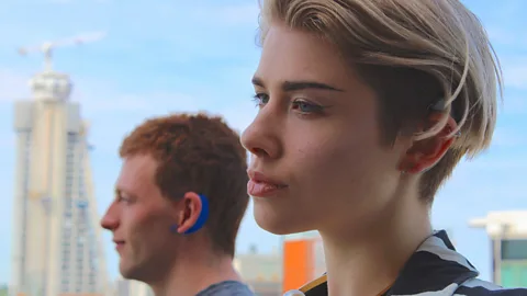 Sophia Smith Galer Moss and Canaria’s Chief Technical Officer James Lynn wearing their invention (Credit: Sophia Smith Galer)