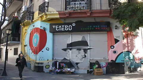 Bridget Gleeson Carlos Gardel (pictured in mural) reinvented tango music by writing songs with defined beginnings, middles and ends (Credit: Bridget Gleeson)