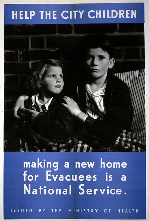 Poster with image of a young brother and sister in pyjamas sitting against a wall with text; Help city children. Making a new home for evacuees is a National Service. Issued By The Ministry of Health.