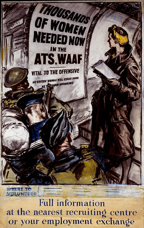 Poster o ferch yn edrych ar boster gyda milwr, llongwr a pheilot yn cerdded heibio. Y geiriau ar y poster yw 'Thousands of women needed now in the ATS, WAAF. Vital to the offensive.