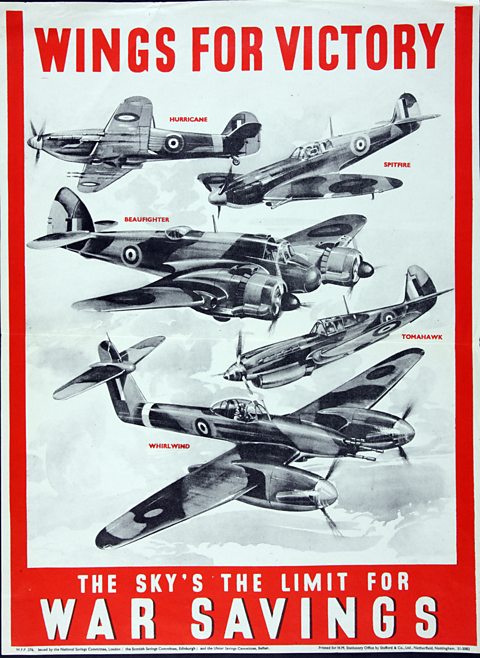 Poster yn darlunio awyrennau'r RAF; Hurricane, Spitfire, Beaufighter, Tomahawk a Whirlwind. Geiriau; Wings for victory. The sky's the limit for war savings.