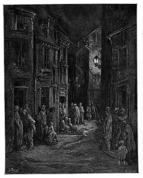 Vintage engraving showing dishevelled looking people huddled in a dimly lit 19th century street