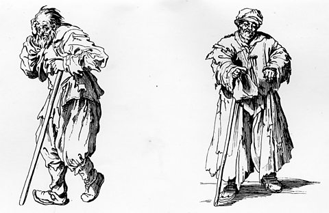 Illustration of a bearded beggar walking with the aid of a stick.