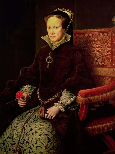 Portrait painting of Mary I sitting on a red velvet chair holding a red flower in her right hand.