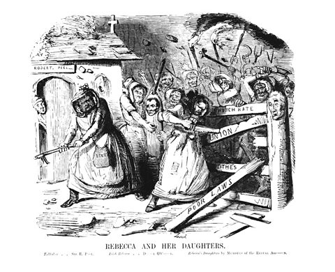 Illustration of men in women's clothing, rioting and dismantling a tollgate using tools