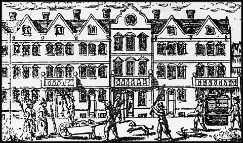 A street during the Great Plague of London. Crosses mark the doors of infected houses while 'searchers' with staffs visit the houses of the dead, a dog is slaughtered in the street