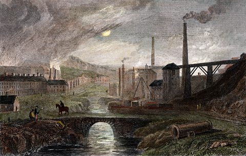 Nantyglo Iron Works, the landscape looks very industrial and polluted, smoke can be seen rising from several chimneys
