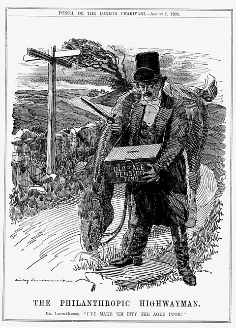 Cartoon of David Lloyd George brandishing a gun, dressed as a highwayman with a horse holding a box labelled 'Old-Age Pension Fund'. Text at the bottom of the image reads The Philanthropic Highwayman.