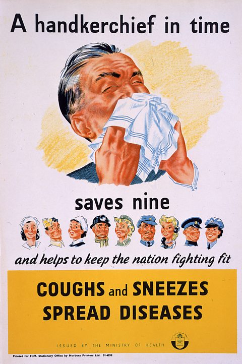 Poster with a man blowing his nose in a handkerchief with text: A handkerchief in time saves nine and helps to keep the nation fighting fit. Coughs and Sneezes spread diseases.