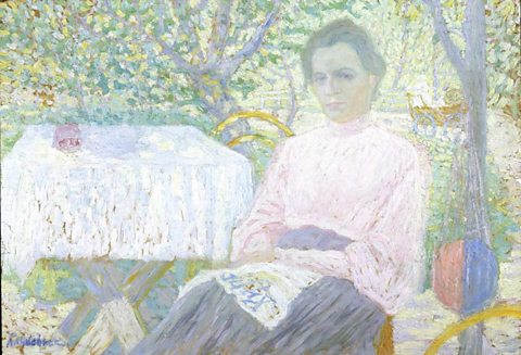 Painting, featuring light tones, depicting a woman with a newspaper on her lap