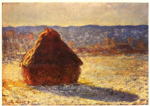 Painting of haystacks, using high contrast colour tones