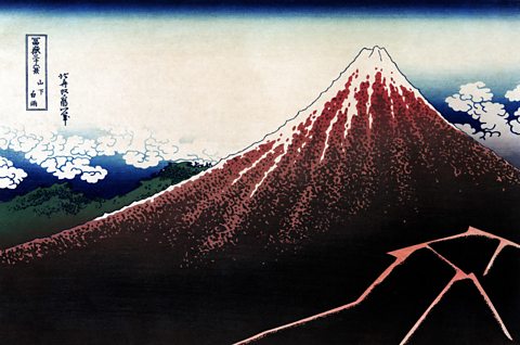 A print of a thunderstorm over Mount Fuji in Japan, featuring a stippling technique