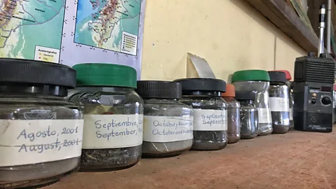 Eliot Stein Sánchez stores dated ash samples in his office, including some from the 2006 eruption that almost killed him (Credit: Eliot Stein)