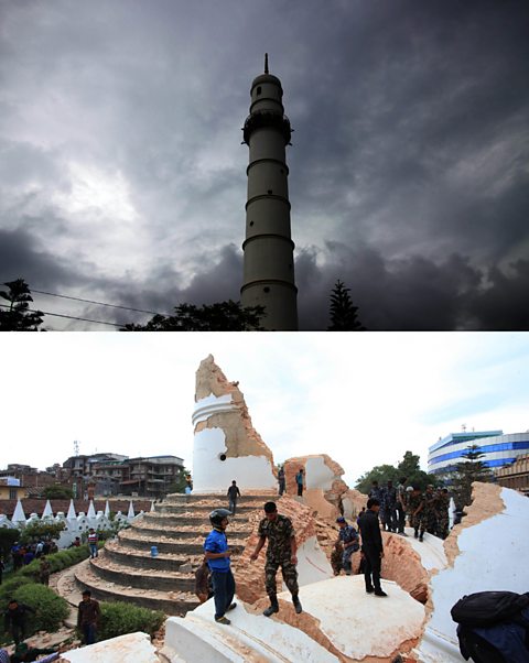 A before-and-after image of Dharahara Tower that was destroyed in the earthquake. The top image shows the tower intact, the bottom image shows people standing amongst the rubble of the tower.