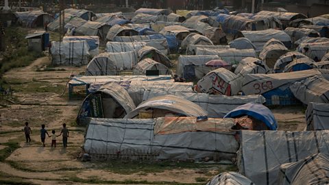 Dozens of tarpaulin-covered shacks that form part of Chuchepati camp, a ‘tent city’ set up for displaced victims of the earthquake in Kathmandu, Nepal.