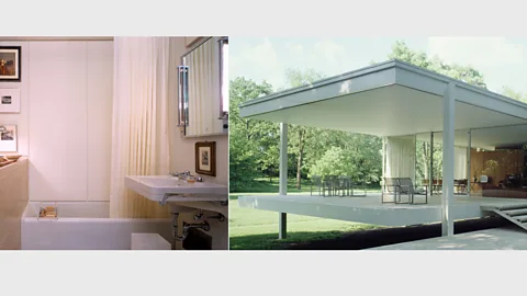 Alamy Influential mid-Century modern houses like Mies van der Rohe’s Farnsworth House (pictured, Plano, Illinois, 1951) still featured fairly modest bathrooms (Credit: Alamy)