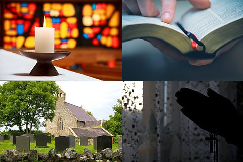 Casgliad o bedwar llun yn dangos canwyll yn llosgi mewn eglwys, rhywun yn darllen y Beibl, mynwent yn llawn beddau a pherson yn gweddio adref gyda'r llenni ar gau.