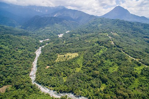 Aerial view of a river flowing through a hilly tropical landscape with mountains in the background.