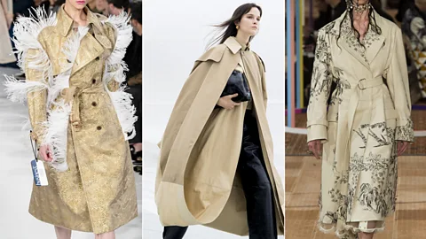 Left to right: trenches by Maison Margiela; Celine, Alexander McQueen