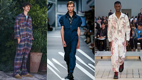 Left to right: jumpsuits for men from Missoni; Prada; Alexander McQueen