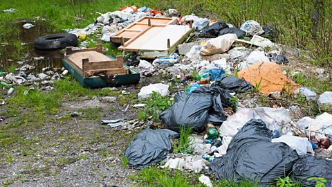 Bin bags and other ribish strewn accross grass and mud