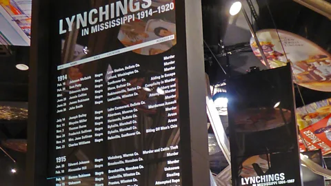 Larry Bleiberg In the Mississippi Civil Rights Museum, six pillars list lynchings dating back hundreds of years (Credit: Larry Bleiberg)