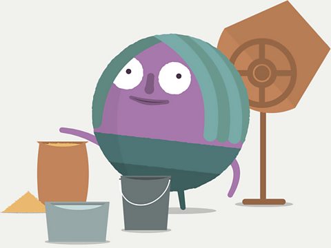 Circle character standing beside a cement mixer