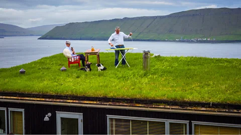 Lola Akinmade Åkerström Olí and Anna pose for a photo on their moss-covered roof in the cliffside village of Velbastaður (Credit: Lola Akinmade Åkerström)