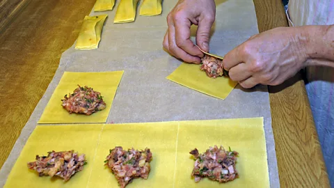 blickwinkel/Alamy The pasta dough is stuffed with the meat-and-cheese mixture, sealed shut and either boiled in broth or sautéed in butter (Credit: blickwinkel/Alamy)