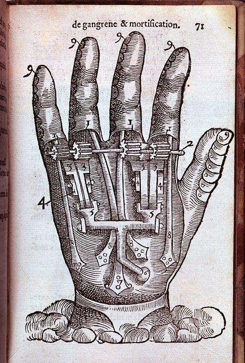 Cross section of a hand made of mechanisms instead of nerves and muscles. Figure from the medical and surgical essay by Ambroise Paré printed in Paris in 1551