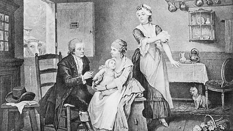 An illustration of Edward Jenner vaccinating a child with matter from the hand of Sarah Nelmes, who had contracted cowpox in milking