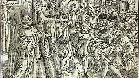 A woodcut from 'Book of Martyrs' by John Foxe, 1563 of Thomas Cranmer, Archbishop of Canterbury being burned at the stake