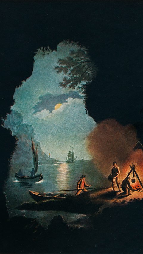 Men in a dark cave with a small fire and smoke, receiving goods from a boat