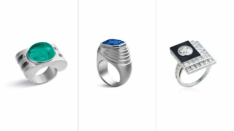 Christie's Rings by Jean Fouquet and Raymond Templier (centre), recently sold by Christie's, embody the Art Deco era's modernist aesthetic (Credit: Christie's)
