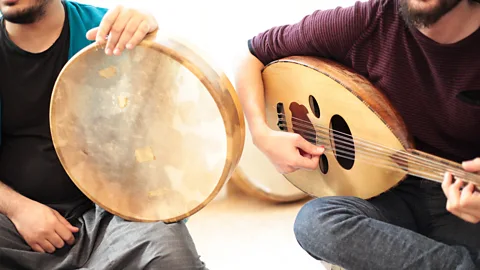 Leila Molana-Allen The poetic lyrics of muwashshah music are often accompanied by traditional musical instruments like the daf (left) and the oud (right) (Credit: Leila Molana-Allen)