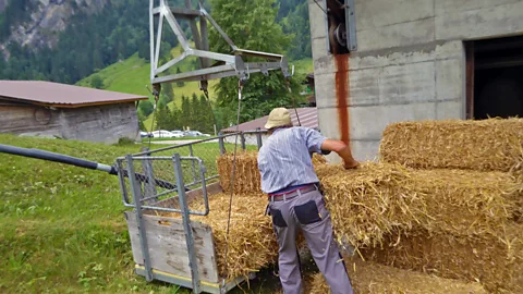 Larry Bleiberg Engelberg Valley residents use cable cards to haul supplies and run errands (Credit: Larry Bleiberg)