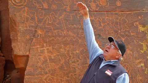 Larry Bleiberg Kenneth Zoll kept careful records of how the sun and the shadows fell over the petroglyphs of the V Bar V historical ranch site (Credit: Larry Bleiberg)