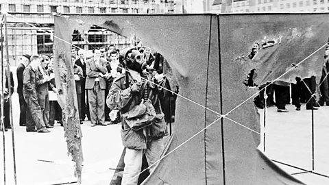 Getty Images Gustav Metzger created his Auto-Destructive Art by spraying hydrochloric acid on sheets of nylon then standing by as they dissolved over 20 minutes (Credit: Getty Images)