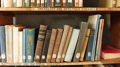 Rachel Nuwer Old books on a shelf in the Amani library (Credit: Rachel Nuwer)
