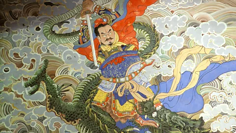 Alamy Emperor Zhou the Dragon Slayer, as shown in a wall painting at Yixing Temple in Jiangsu Province (Credit: Alamy)